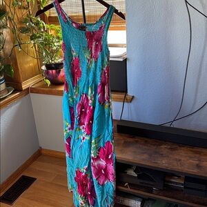 Aloha Smocked Sundress Blue Pink floral vacation Hawaii print